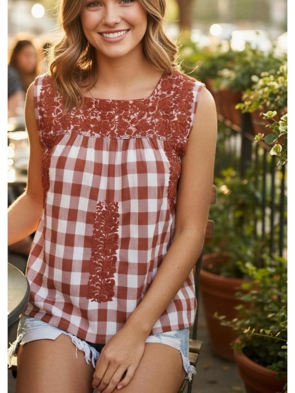 J. Marie Rust Checkered Blouse with Embroidered Details